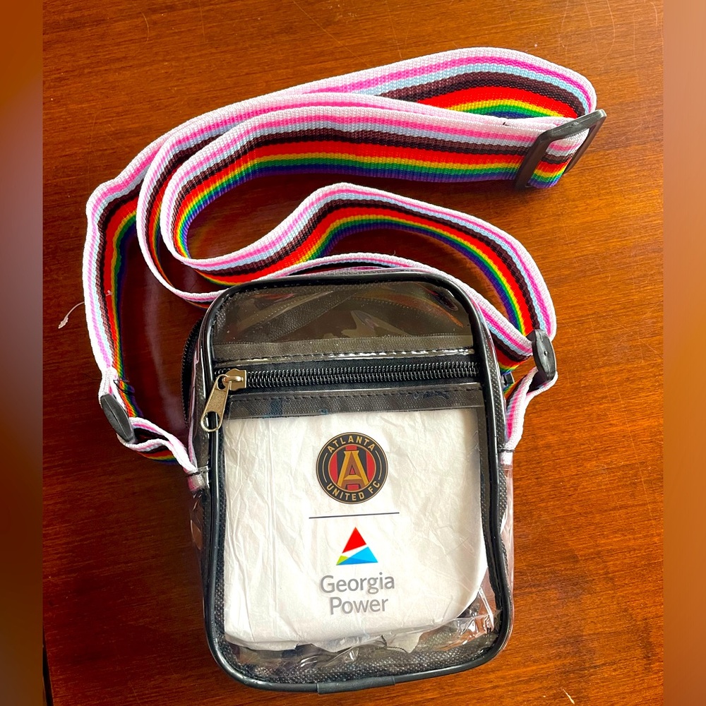 Atlanta United clear stadium crossbody bag with adjustable rainbow strap . EUC